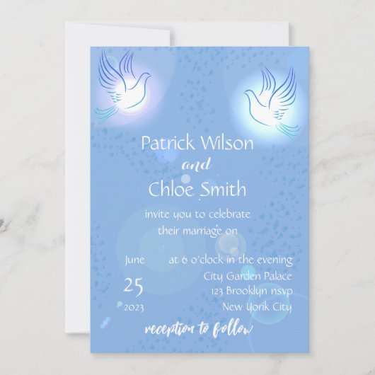 白い鳩の光る背景の結婚式 招待状 (正面)
