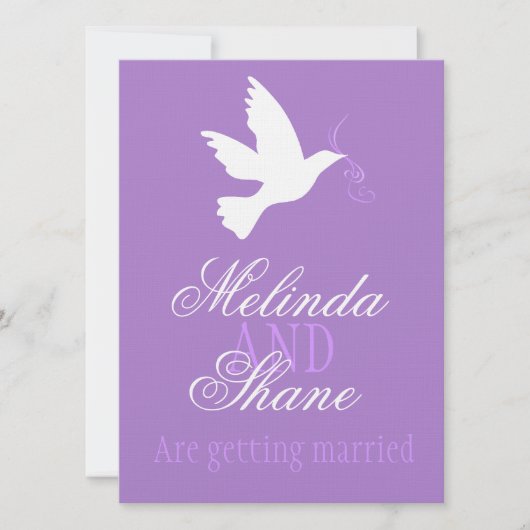 白い鳩の紫のリボンのフォーマル結婚式の招待 招待状 (正面)