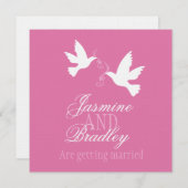 白い鳩ピンクのリボンの正方形の結婚式の招待 招待状 (正面/裏面)