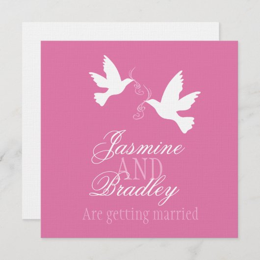 白い鳩ピンクのリボンの正方形の結婚式の招待 招待状 (正面/裏面)