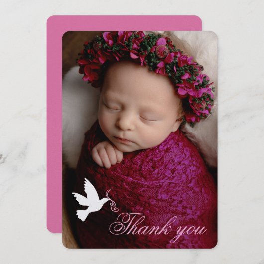 白い鳩ピンクの女の子のバプテスマ写真サンキューカード サンキューカード (正面/裏面)