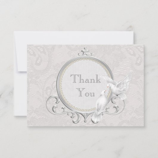 白い鳩及びペイズリーのレースは結婚式感謝していしています サンキューカード (正面)