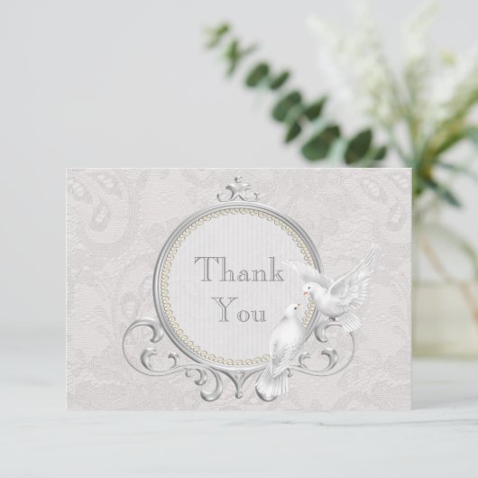 白い鳩及びペイズリーのレースは結婚式感謝していしています サンキューカード (スタンド正面)