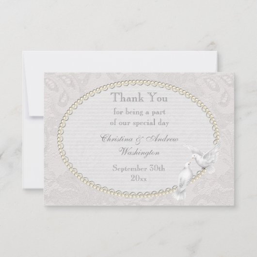 白い鳩及びペイズリーのレースは結婚式感謝していしています サンキューカード (裏面)