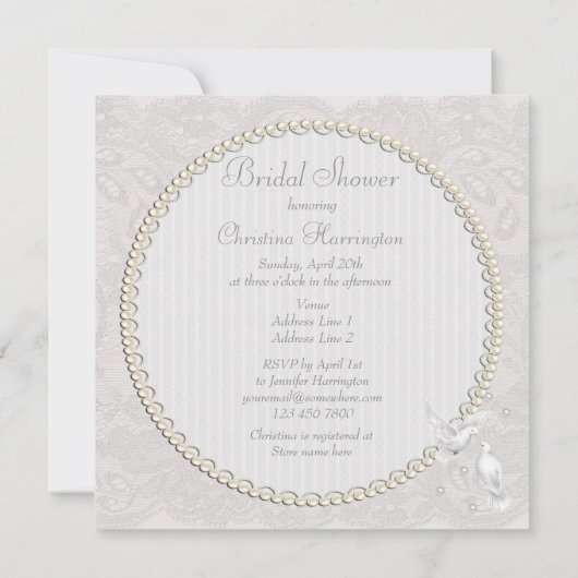白い鳩及び真珠のペイズリーのレースのブライダルシャワー 招待状 (裏面)