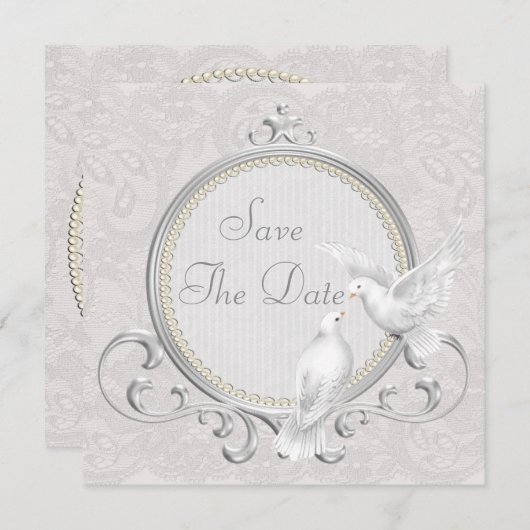 白い鳩及び真珠のペイズリーのレースの保存日付 セーブザデート (正面/裏面)