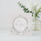 白い鳩及び真珠のペイズリーのレースの保存日付 セーブザデート (スタンド正面)