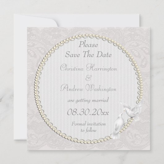 白い鳩及び真珠のペイズリーのレースの保存日付 セーブザデート (裏面)