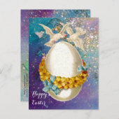 白い鳩、復活祭の卵、黄色い花、青い弓 シーズンポストカード (正面/裏面)