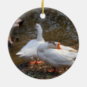 白い鵞鳥遊二匹が池のそばにいる。 セラミックオーナメント (裏面)