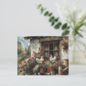 白い鶏の窓枠に赤い花粘土ポット ポストカード (スタンド正面)