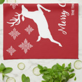 白い鹿の形が赤く雪片と文字 キッチンタオル (折り畳み)
