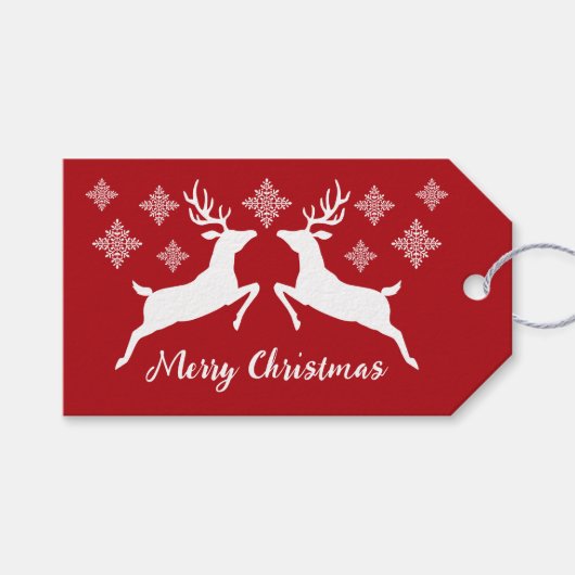 白い鹿の形が赤く雪片と文字 ギフトタグ (正面(横))