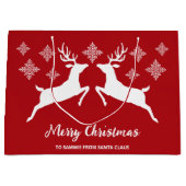 白い鹿の形が赤く雪片と文字 ラージペーパーバッグ (正面)