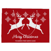 白い鹿の形が赤く雪片と文字 ラージペーパーバッグ (裏面)