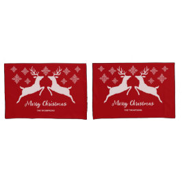 白い鹿の形が赤く雪片と文字 枕カバー