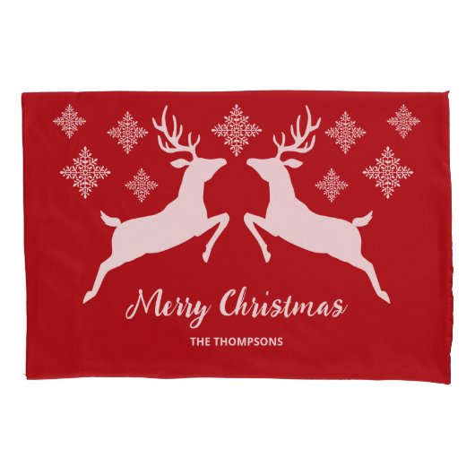 白い鹿の形が赤く雪片と文字 枕カバー (正面左)