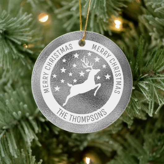 白い鹿 – フェイクシルバーグレイ実在ホイル(Not Foil) セラミックオーナメント (ツリー)