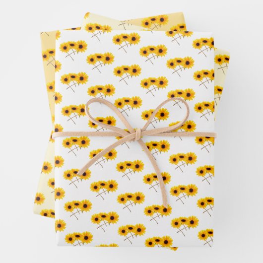 白い黄色のオレンジ色の上にトリプルヒマワパタン ラッピングペーパーシート (インサイチュ)