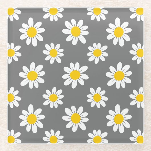 白い黄色のデイジー ガラスコースター (正面)