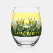 白い黄色の水仙のお客様。文字ワイングラス ステムなしワイングラス (正面)