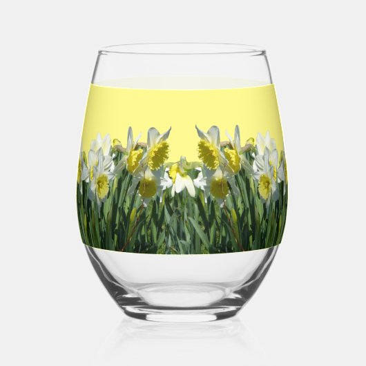 白い黄色の水仙のお客様。文字ワイングラス ステムなしワイングラス (裏面)