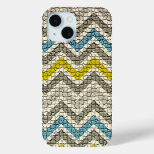 白い黄色の灰色の青のモザイクの山形 iPhone 15ケース