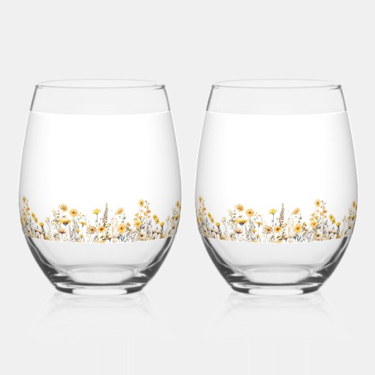 白い黄色の牧草地の野結婚花 ステムなしワイングラス (裏面)