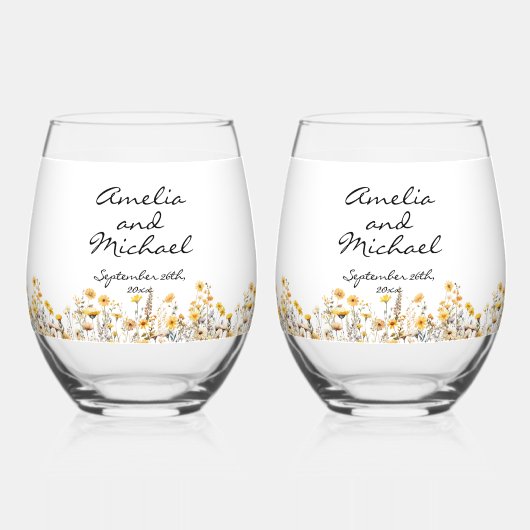 白い黄色の牧草地の野結婚花 ステムなしワイングラス (正面)