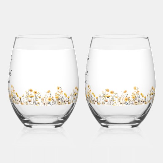 白い黄色の牧草地の野結婚花 ステムなしワイングラス (左)