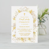 白い黄色の花の最初の聖餐式 箔招待状 (立ち正面)