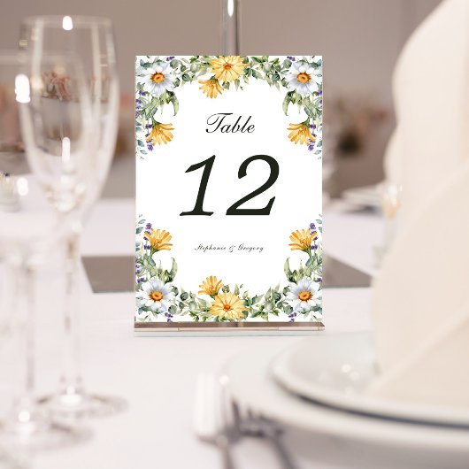 白い黄色の花模様結婚のテーブル番号 テーブルナンバー