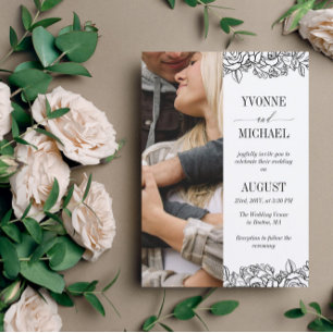 白い黒いバラのアウトライン写真2 結婚 in 1's 招待状