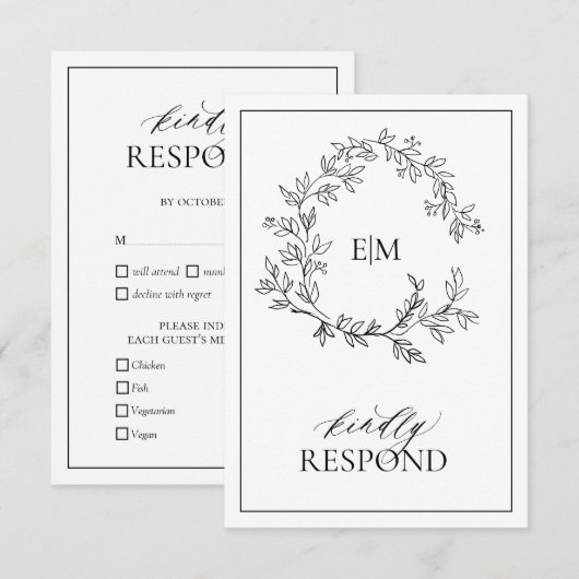 白い黒いリーフィクレストモノグラムウェディングRSVPカード 出欠カード (正面/裏面)