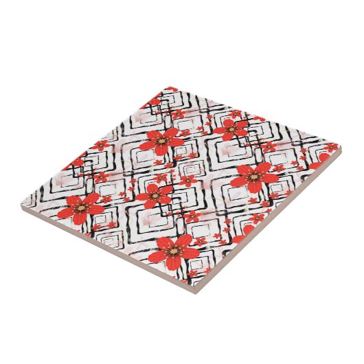 白い黒い背景に赤い花。 タイル (側面)