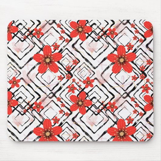 白い黒い背景に赤い花。 マウスパッド (正面)
