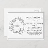 白い黒い葉のクレストモノグラム日付を遅らせる インビテーションポストカード (正面/裏面)