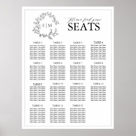 白い黒い葉のクレストモノグラム結婚の座席 ポスター