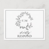 白い黒い葉付きクレストモノグラムウェディングRSVP インビテーションポストカード (正面)