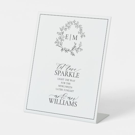 白い黒い葉付きクレストモノグラムラブスパークル 台座サイン (正面)
