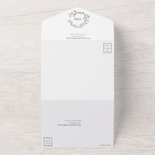 白い黒い葉付きクレストモノグラム結婚ズ オールインワン招待状 (外側)