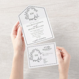 白い黒い葉付きクレストモノグラム結婚ズ オールインワン招待状