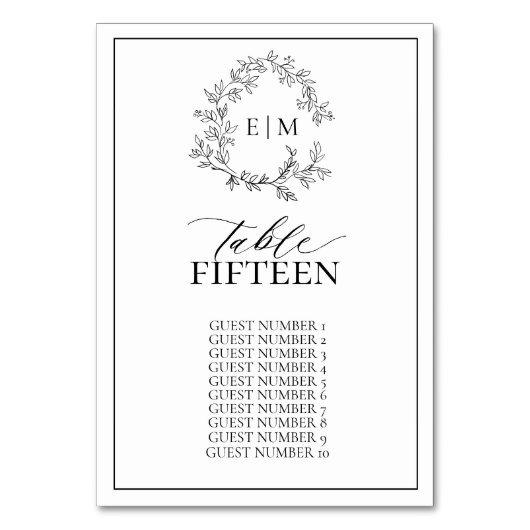 白い黒い葉付きクレストモノグラム結婚ズ テーブルナンバー (正面)