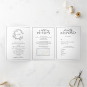 白い黒い葉付きクレストモノグラム結婚ズ 三つ折り招待状 (内部)