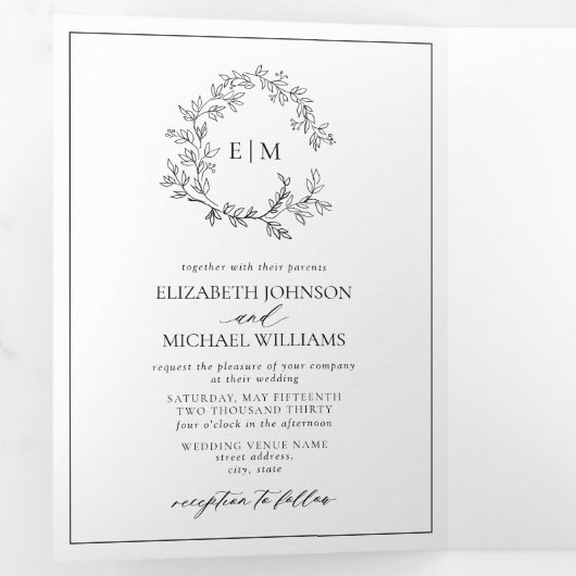 白い黒い葉付きクレストモノグラム結婚ズ 三つ折り招待状 (内部最初)