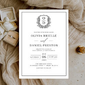 白い黒い葉柄のクレストモノグラムエレガントな結婚式 招待状