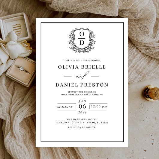 白い黒い葉柄のクレストモノグラムエレガントな結婚式 招待状