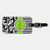 、白い黒い、ライムのストライプのなダマスク織の荷物のラベル ラゲッジタグ (正面横)