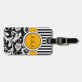 、白い黒い、金ゴールドのストライプのなダマスク織の荷物のラベル ラゲッジタグ (正面横)