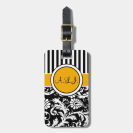 、白い黒い、金ゴールドのストライプのなダマスク織の荷物のラベル ラゲッジタグ